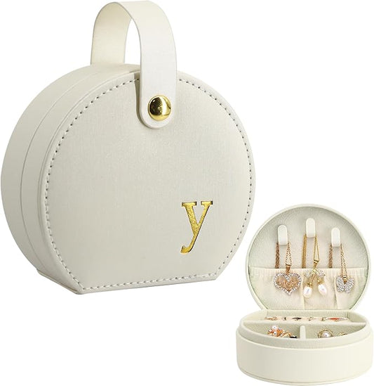 COLLECTIVE HOME - Travel Jewelry Case, Elegant Half-Moon Design with Gold Monogram, Detachable Handle, Personalized Accessory Organizer, Gift for Fashion-Forward Women and Teens (y)