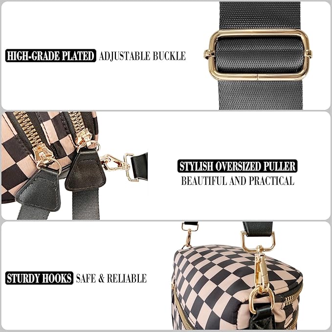 Checkered Crossbody Bag Bum Bag for Women, Spacious Sling & Stylish Bum Bag for Travel, Concerts, Festivals, Nylon Fanny Pack Belt Bag