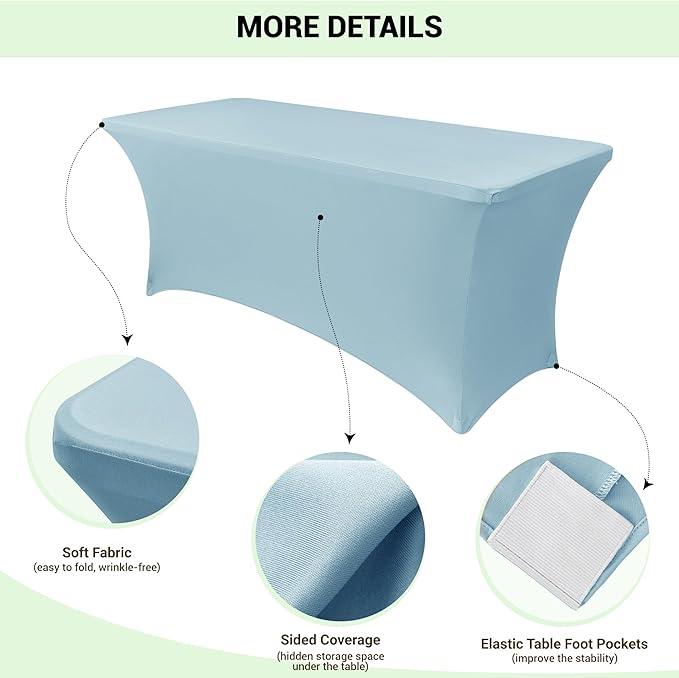 Obstal 8Ft Stretch Spandex Table Cover for Standard Folding Tables - 2 Pack Universal Rectangular Fitted Tablecloth for Party, Banquet, Events, Trade Show (Dusty Blue, 96L x 30W x 30H Inches)