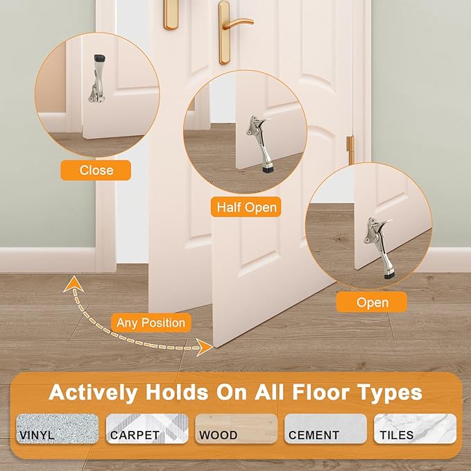 Kickdown Door Stopper 4 Inches - 2 Packs One Touch Adjustable Height Door Stop for The Bottom of Door Aluminum Alloy Metal Door Stopper with Rubber Tip & Wall Protectors for Wide Doors White