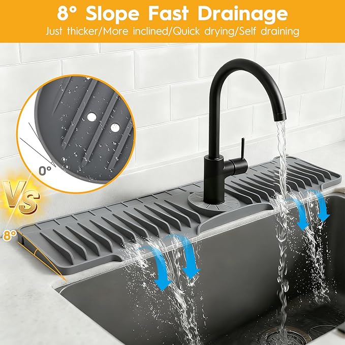 16" Silicone Faucet Mat for Kitchen Sink Released in 2025/12TH,8° Slope Fast Self-draining-Kitchen Sink Splash Guard,Bathroom Kitchen Sink Area Water Splash Guard Behind Faucet Draining Dark Grey