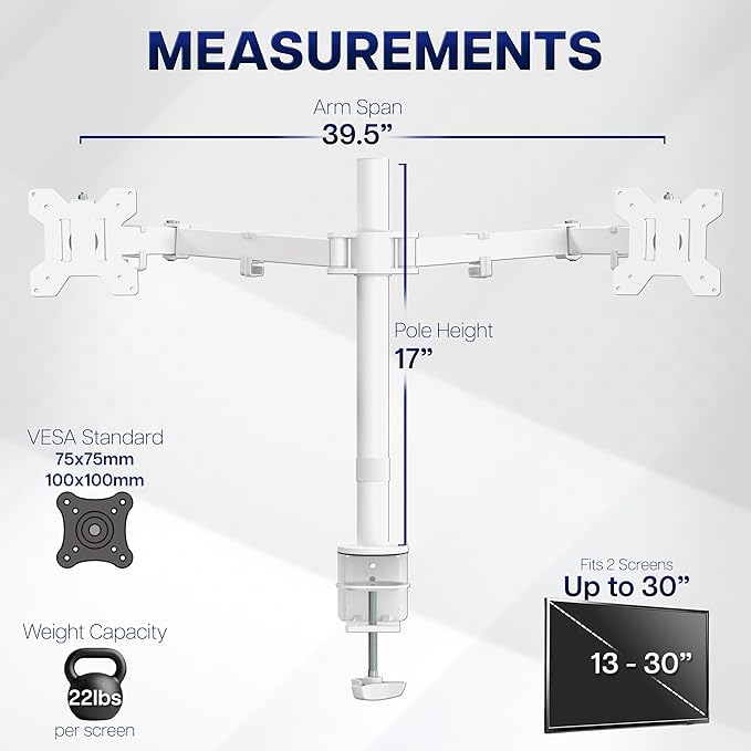 VIVO Dual Ultrawide Monitor Desk Mount, Heavy Duty Fully Adjustable Steel Stand, Holds 2 Computer Screens up to 38 inches and Max 22lbs Each, White, STAND-V038W