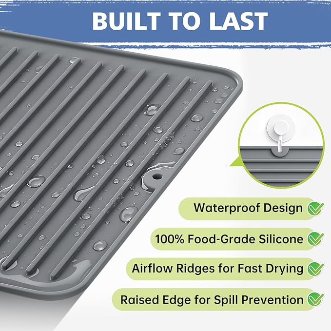 Songrey 14" x 10" Silicone Dish Drying Mat, Kitchen Counter Drying Pad for Sink Dishes or Under Rack, Multi-Use as Heat Resistant Trivet, Coffee Bar Mat