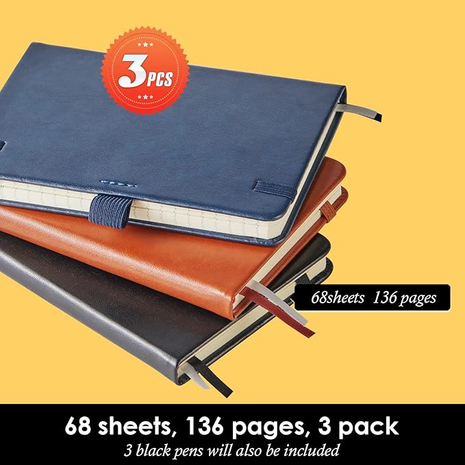 3 Pack Pocket Notebook Journals, Small Notepad Notebooks for Note Taking, A6 Mini Note pads with Pen Holder, 408 Lined Pages, 3.7" x 5.7", Black, Brown, Blue