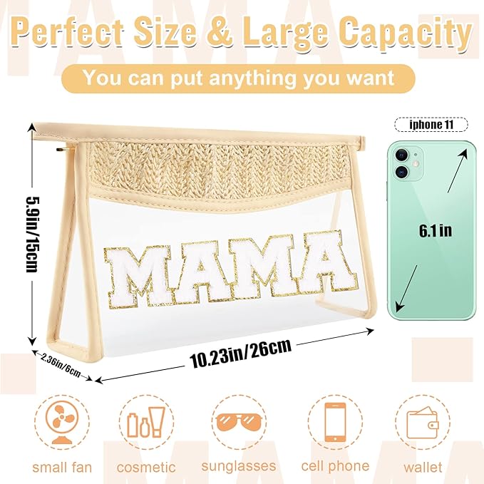 Boho Clear Makeup Letter Patch Makeup Bag MAMA Pouch, Clear Toiletry Bag Travel Small Cute Preppy Letter Cosmetic Zipper Purse, Transparent PVC Waterproof Diaper Bag Organizing Pouches for Women(MAMA)