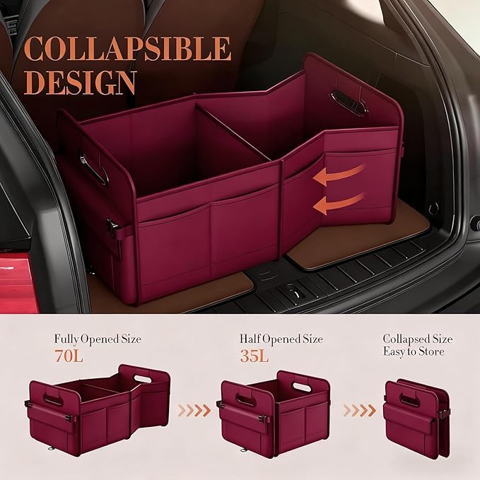 Trunk Organizer SUV, Car Organizers and Storage, NOT-FLIMSY ANTI-SLIDE 70L Spacious Collapsible Sturdy Trunk Organizer for Grocery/Car Accessories/Women Men's Gift, Wine Red