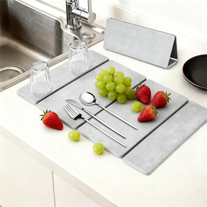 Stone Dish Drying Mat for Kitchen Counter，24x16 Collapsible Diatomaceous Earth Mats， Quick Drying Absorbent Dish Mat,Non-Slip Countertop & Bath Mat for Dishes Cups Bottles,Light Gray