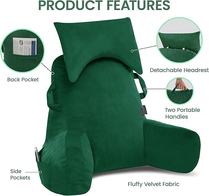 Portable Reading Pillows with Headrest for Bed Sitting Up(Green Oeko-Tex), Velvet Back Pillow with Arms & Pockets for Adults, Support Memory Foam Bed Pillow for Dorm/Reading/Watching/Gaming