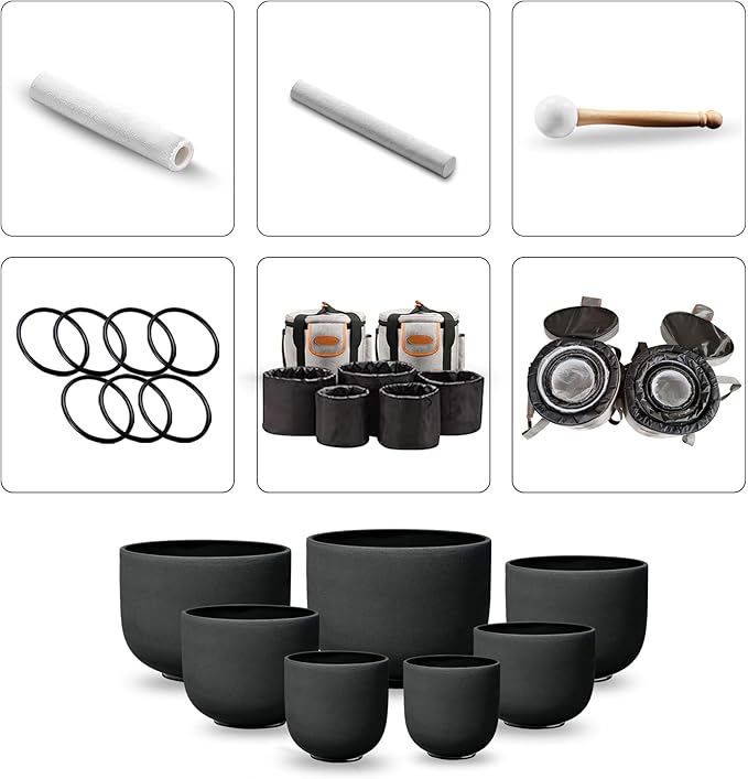 RYAN DVAN 7-12 Inch Set of 7 Pcs Black Color Quartz Crystal Singing Bowl Chakra Set with Free 2 pcs Carrying Case