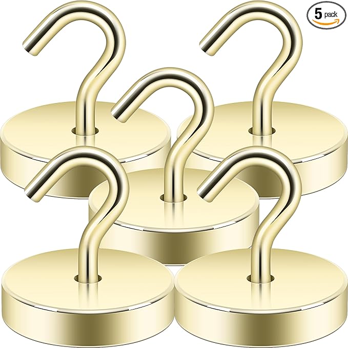 Neosmuk Magnetic Hooks, Cruise Ship Essentials, 100lb+ Heavy Duty Magnetic Hooks for Cruise Cabins, Refrigerator, Grill, Hanging, and Travel | Extra Strong Must-Have Magnet Hooks, Gold, 5 Pack