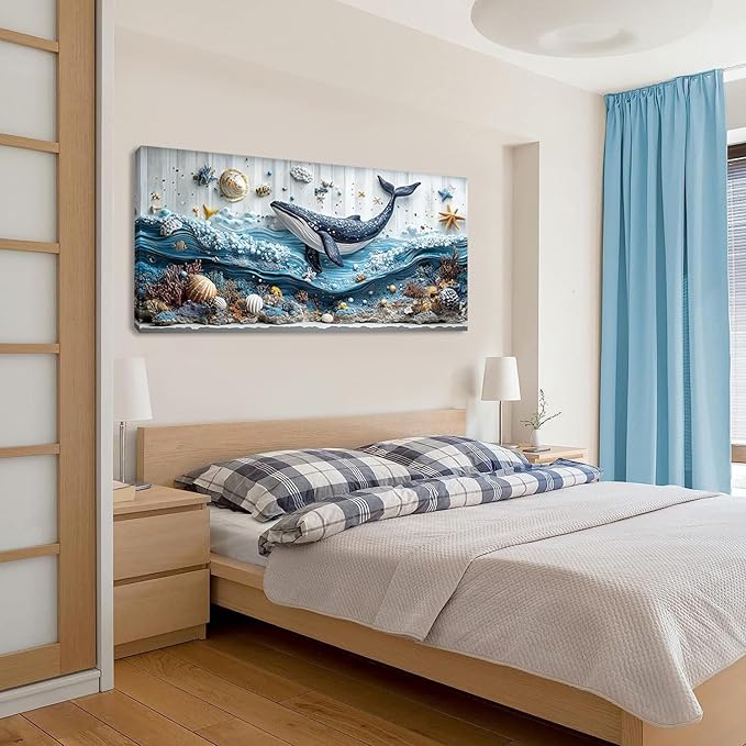 ZESTRILIA Ocean Whale Wall Art for Kids Room Navy Blue Marine Organism Underwater World under the Sea Canvas Painting Prints Artwork Family Living Bedroom Decor Extra Large (58x28 Inches)