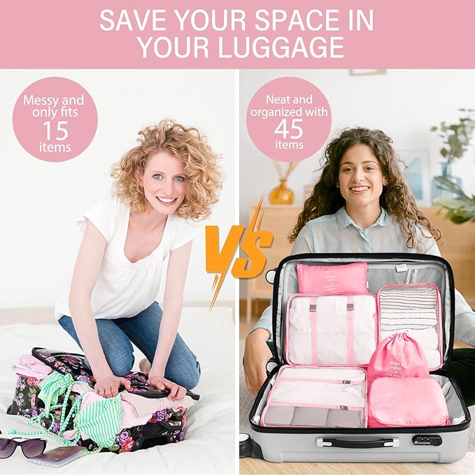 KPX 8 Set Packing Cubes for Travel, Luggage Packing Organizers Accessories Large Toiletry Bag for Clothes Shoes Cosmetics (Pink)