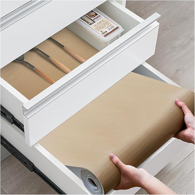 Drawer and Shelf Liner, Non-Slip Kitchen Cabinet Liners Non-Adhesive Thick Strong Grip Waterproof Washable Mats Protect Dresser Shelves Cupboard Bathroom Cabinets, Beige, 24 in X 30 FT