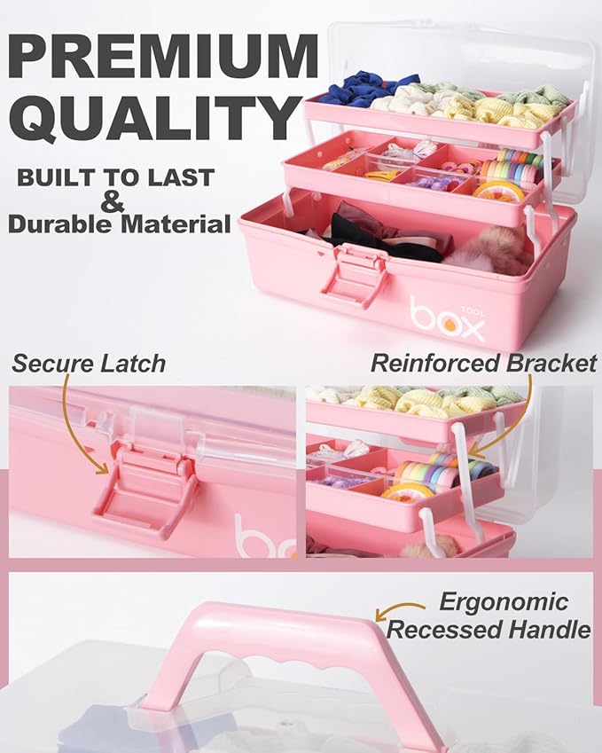12in 3-Layer Plastic Craft Organizers and Storage, Portable Folding Tackle Box with Handle & Adjustable Dividers, Multipurpose Case for Sewing, Art Supplies, Medicine, Tools (Pink)