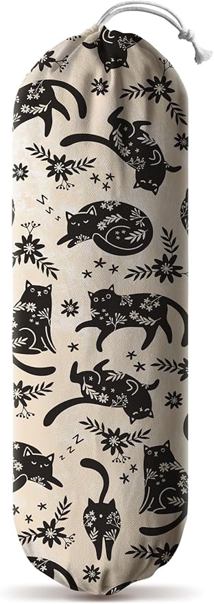 Hglian Black Cat Plastic Grocery Bag Holder, Cute Vintage Flowers Plastic Shopping Bags Organizer Storage Keeper for Kitchen, House Warming Gifts for Women Cat Lover