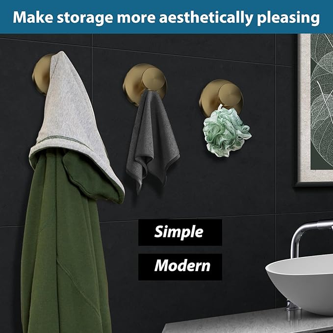 Suction Cup Hooks for Shower, 2 PCS No-Drill Towel Holder for Bathrooms Wall, Glass Door, Mirror, Tiles, Kitchen, Hold Robe & Wreath, Hanging up to 15 lbs – Waterproof & Rustproof,Loofah-Gold