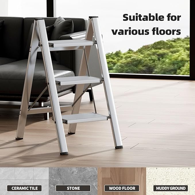 HillhutApex 3 Step Ladder, Lightweight Portable 3 Step Stool with Anti-Slip Wide Pedal,330lbs Capacity Aluminum Ladder for Household,Office,Library(Silver)