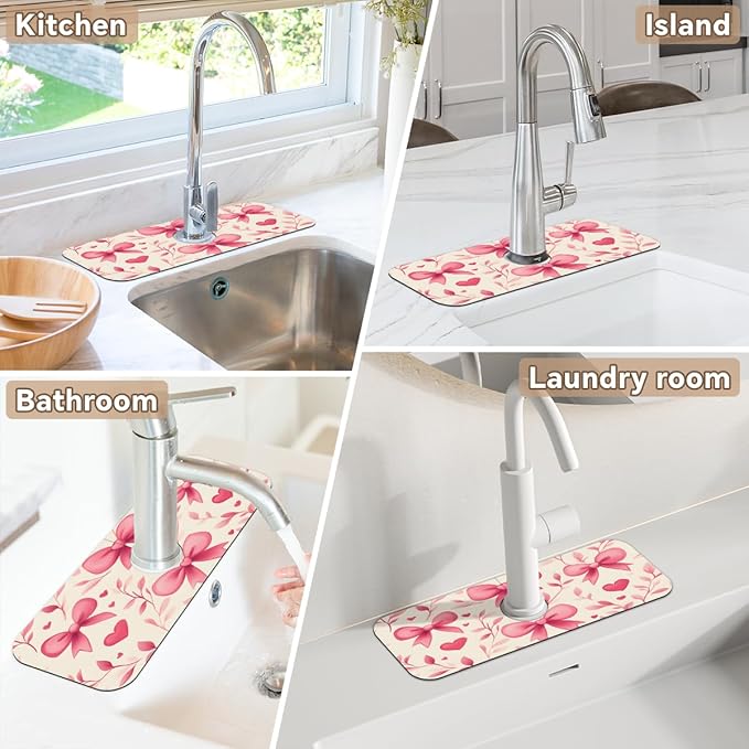 1 PC 15.4*5.7 Inch Absorbent Faucet Mat for Kitchen Sink Splash Guard Fast Drying Kitchen Faucet Mat for Bathroom Kitchen Bow Tie