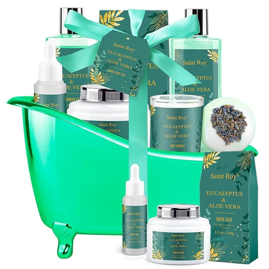 Spa Gift Basket Luxury bath and body Basket, Christmas Gifts for Women Her him, Bath Baskets for Women, 8 pcs Eucalyptus Aloe Spa shower gift, Birthday Gifts bath kit, Halloween gift Spa Kit