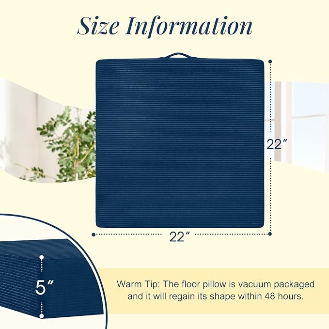 Wellsin Solid Square Floor Pillows for Adults Kids - Large Meditation Floor Pillow Seating Cushion with Thick Foam & Washable Velvet Cover, 2 Pack, 22x22x5 Inch, Dark Blue