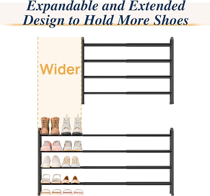 ENJOYBASICS Expandable Shoe Rack, 46.5'' Wide - 24 Pairs Adjustable Shoe Organizer Shelf for Closet, 4-Tier Black Metal Free Standing Shoe Rack Storage for Garage, Entryway