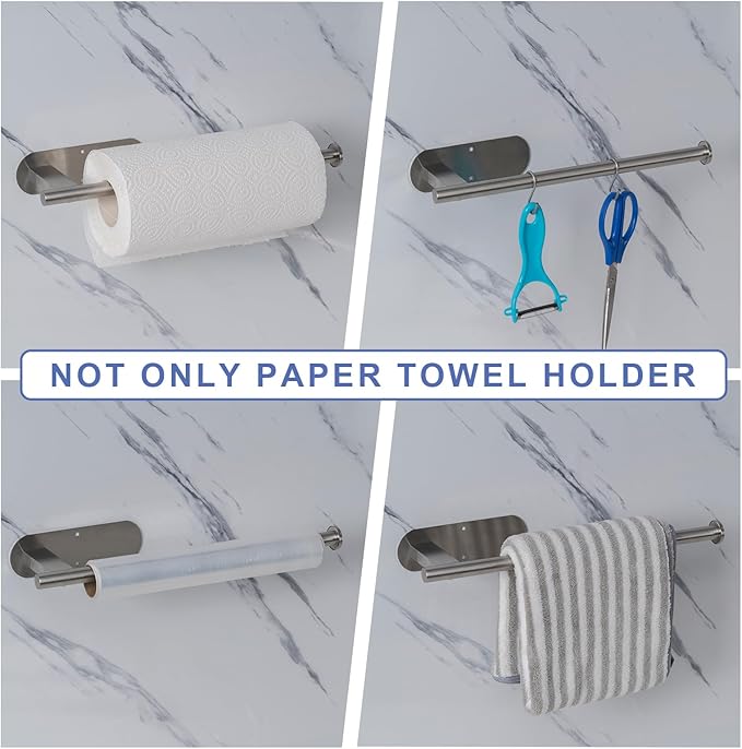 Honmein Paper Towel Holder, Upgrade SUS304 Stainless Steel Paper Towel Holder Under Cabinet, Bend-Resistant, Self-Adhesive or Drill mounting (2 Silver)