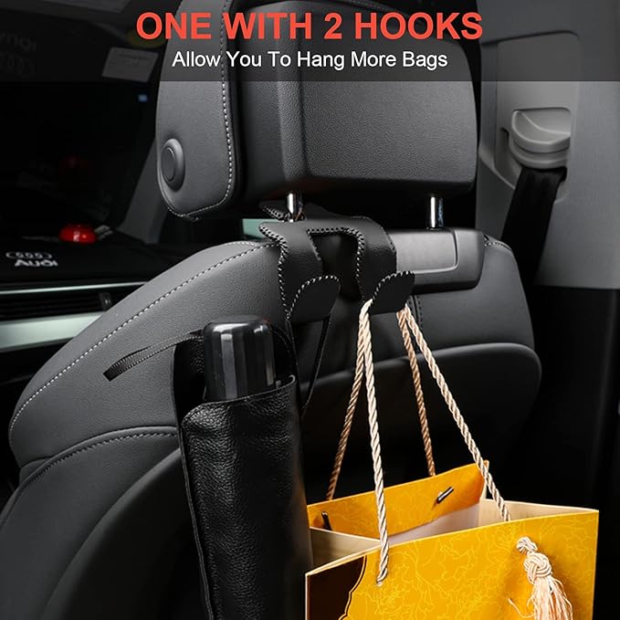 AMVOYOA [2021 Upgraded] Car Purse Hook, 2-in-1 Car Seat Headrest Hooks, Durable Hanger Storage Holder Leather Organizer for Hanging Grocery Bags, 2 Pack, Beige