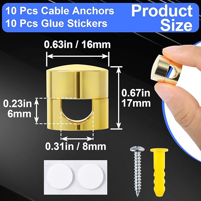10 Sets Charger Holders for Cords, Gold Adjustable Cable Anchor Holders, Adhesive Metal Cord Clips, Cable Management Wire Organizers for Desk, Office, Nightstand