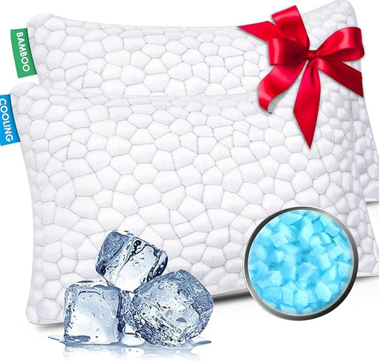 Cooling Bed Pillows for Sleeping 2 Pack Shredded Memory Foam Pillows Standard Size Set of 2, Adjustable Cool Pillow for Side Back Stomach Sleepers Luxury Gel Pillows with Washable Removable Cover