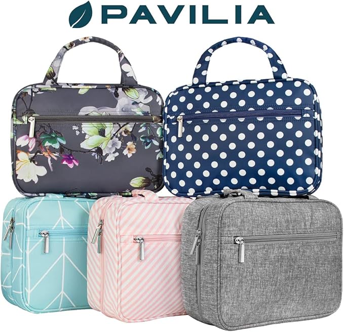 PAVILIA Hanging Toiletry Bag Travel Bag Women Men, Foldable Cosmetic Organizer, Roll up Makeup Bag, Water Resistant Accessories Toiletries, Large Travel Essentials Kit (Grey Floral)