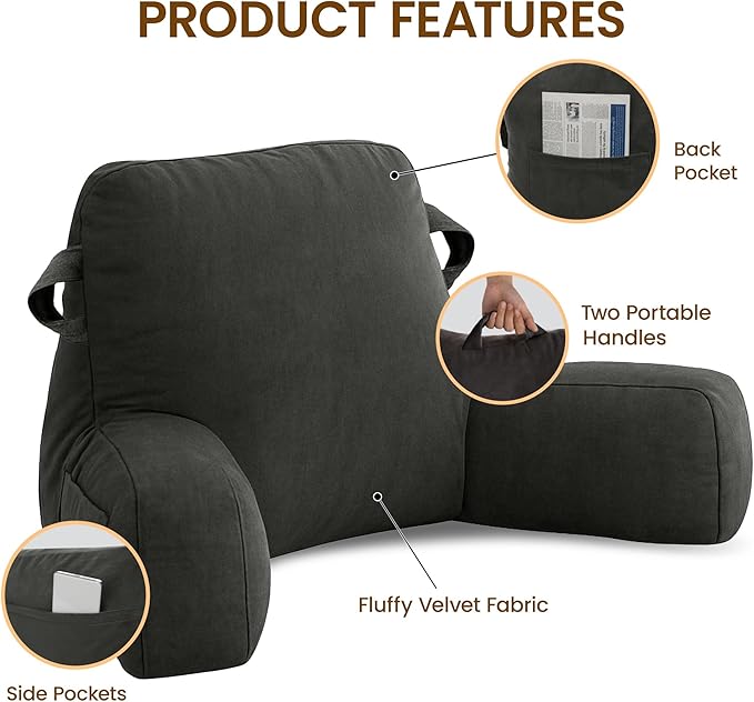 Portable Comfy Reading Pillows for Bed Sitting Up(Grey Oeko-Tex), Velvet Back Pillow with Arms & Pockets for Adults, Support Memory Foam Bed Pillow for Dorm/Reading/Watching/Gaming