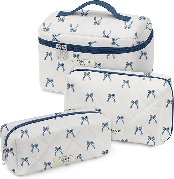 TOPEAST Travel Makeup for Women Girl, 3Pcs Large Cute Quilted Makeup Bag Organizer for Purse, Portable Big Cosmetic Brush Pouch with Zipper Compartment, Blue Bow