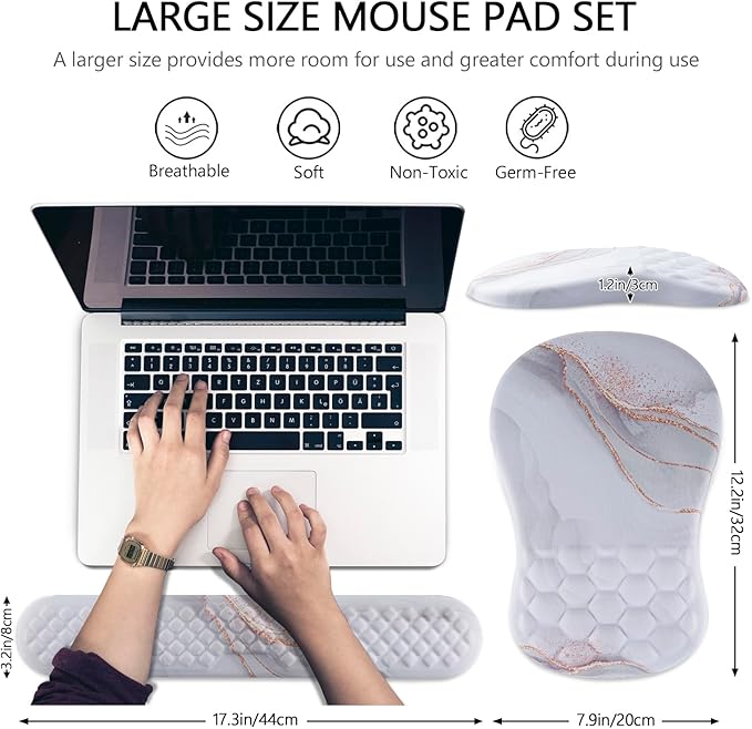 Mouse Pad Wrist Support, Laokiiy 2-in-1 Keyboard Wrist Rest + Ergonomic Mouse Pad, Non-Slip Wrist Rest for Computer Keyboard, Makes Typing Easy & Relieves Wrist Pain (White)