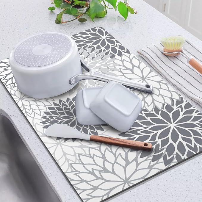 Findosom 2PCS 12" x 20" Dish Drying Mat & 24" x 5.5" Sink Splash Guard, Super Absorbent & Cuttable Dish Mat Drying Kitchen Mat with Gray Floral, Hide Stain Drying Mat for Kitchen Counter
