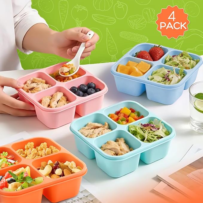 Bento Box Adult Lunch Box- 4 Pack,4 Compartment Snack Containers Reusable Meal Prep Stackable BPA-Free Lunch Containers for Home, Work, Travel (4 Color)