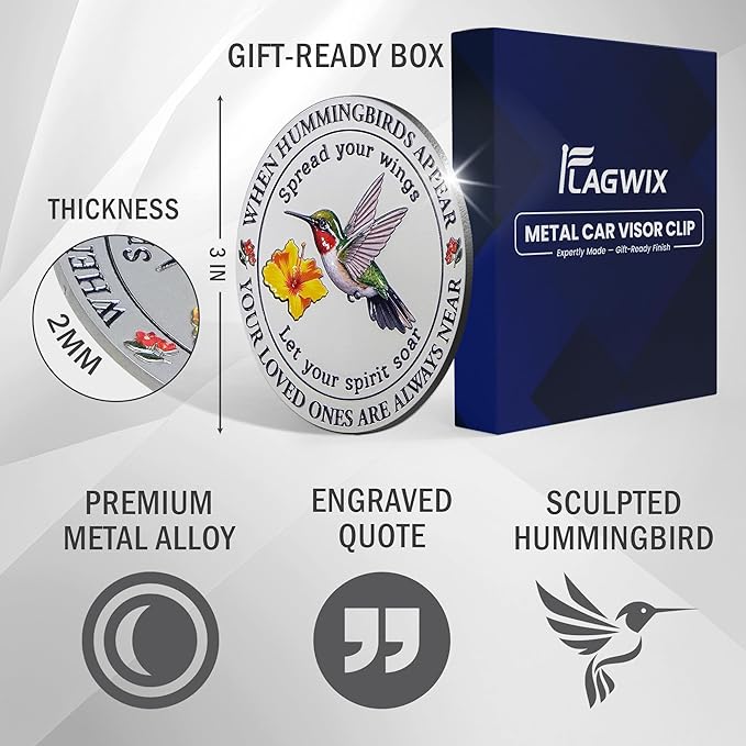 FLAGWIX Sympathy Gifts for Loss of Loved One - Hummingbird Metal Car Visor Clip 3 in - Christmas Memorial Gifts for Loss of Husband Mom Son, Bereavement Gift, Sun Visor Clip Car Accessories
