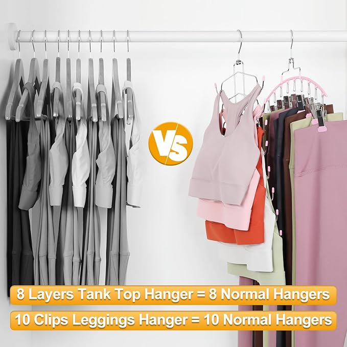 TOPIA HANGER 4 Pack Gym Clothes Organizer, 2 Pack Tank Top Hangers with 2 Pack Leggings Hangers Space Saving Hang 20 Sets Tank Top Bra with Leggings Shorts Pants for Closet Women Pink CT78P