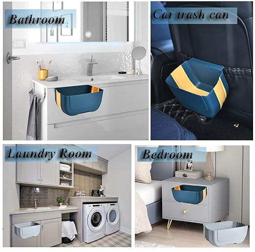 Hanging Folding Mini Trash Can for Kitchen Cabinet Door, Small Collapsible Garbage Bin Under Sink,Wall Mounted Folding Waste Bin- Mini Garbage Container for Cabinet/Bedroom/Bathroom 3L (Blue Yellow)
