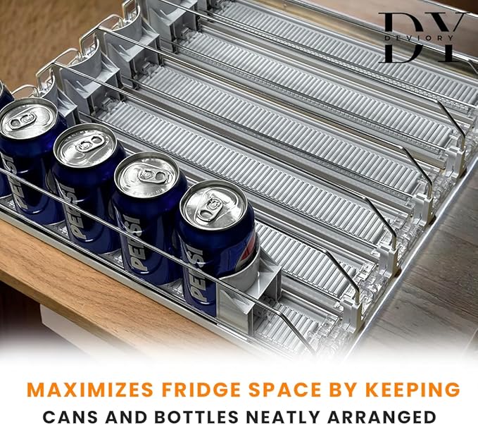 Deviory - Soda Can Organizer with Automatic Can Pusher | Refrigerator Drink Organizer | Beverage Dispenser for Soda, Cans and Bottles | Space-Saving | Stainless Steel | Adjustable Sizes | 6 Rows