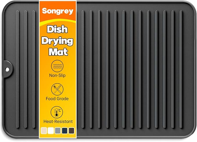 Songrey 14" x 10" Silicone Dish Drying Mat, Kitchen Counter Drying Pad for Sink Dishes or Under Rack, Multi-Use as Heat Resistant Trivet, Coffee Bar Mat