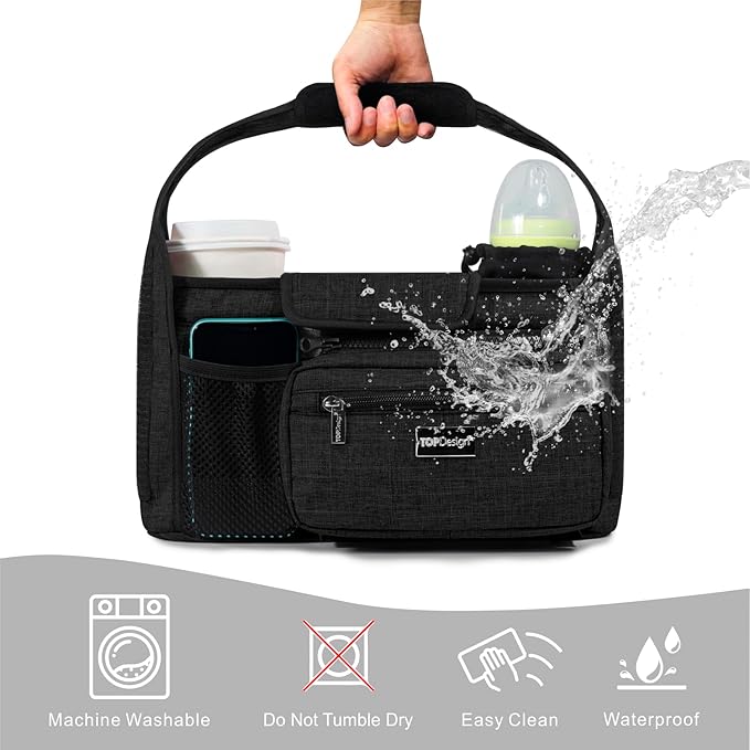 TOPDesign Universal Baby Stroller Organizer, Stroller Caddy with Detachable Mesh Bag & Heightened Insulated Cup Holders & Non-Slip Secure Hooks Accessories, Fits Most Strollers (Dino Fossils)