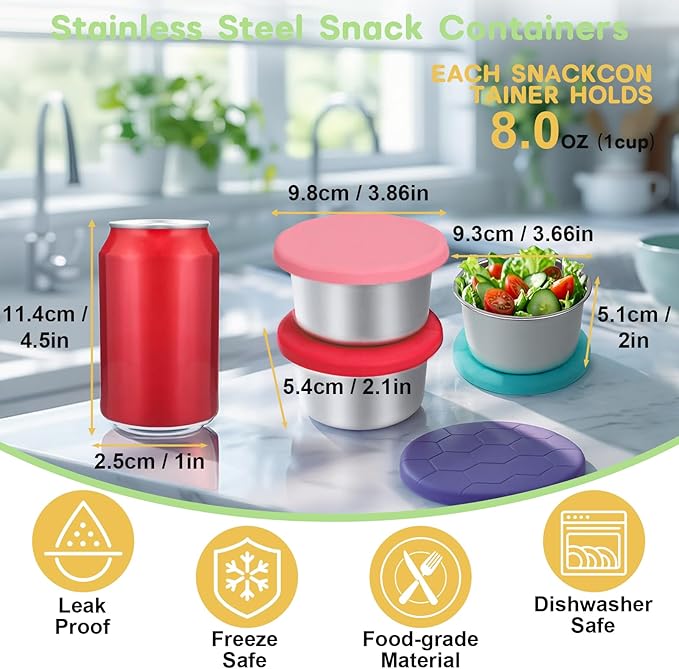 6Pack 8oz Stainless Steel Snack Containers for Kids, Reusable Small Metal Food Containers with Silicone Lids, Stackable Metal Toddler Lunch Box for Daycare, School and Outdoor (1CUP)