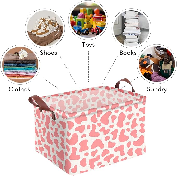 Pink Cow Print Storage Basket Waterproof Canvas Toy Storage Bin Cute Room Decor Collapsible Outdoor Basket with Leather Handles Pink Decor Blanket Baskets For Closets,Bedrooms,Gifts Baskets