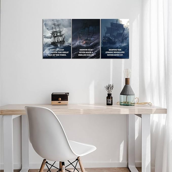 KAWAHONE Motivational Quotes Wall Art, Smooth Seas Never Made a Skilled Sailor Inspirational Wall Art Office Decor, Positive Quotes Wall Art for Living Room Bedroom, Office, Home, Gym