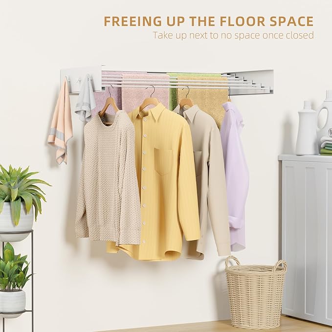 Upgrade Laundry Drying Rack, 31.5" Drying Rack Clothing Wall Mounted,Foldable, 5 Aluminum Rods with 6 Hooks, Space-Saving White Collapsible Drying Racks Hanger for Laundry Bathroom