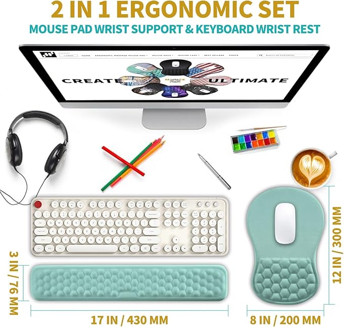 Hokafenle 2-in-1 Ergonomic Mouse Pad Wrist Support & Wrist Rest for Computer Keyboard Set, with Carpal Tunnel Pain Relief Massage Bulge and Full Memory Gel Design (2-in-1 Set, Light Blue)