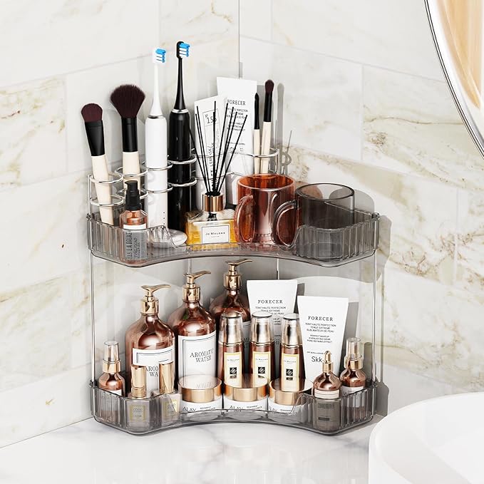 2-Tier Corner Bathroom Counter Organizer with Top Toothbrush Holders, Large Makeup Organizer Countertop with Brush Holder, Skincare Organizers Corner, Exquisite Vanity Organizer (Gray, 2 Tier)