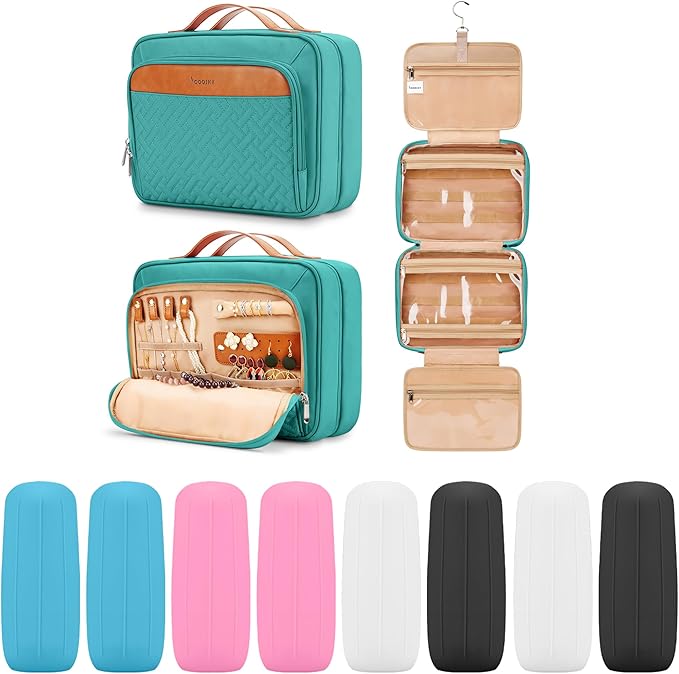 Travel Hanging Toiletry Bag for Women, Large Makeup Bag 8 Leak Proofing Silicone Bottle Covers, Waterproof Cosmetic Bag with Jewelry Organizer Compartment, Toiletries Kit Set, Blue