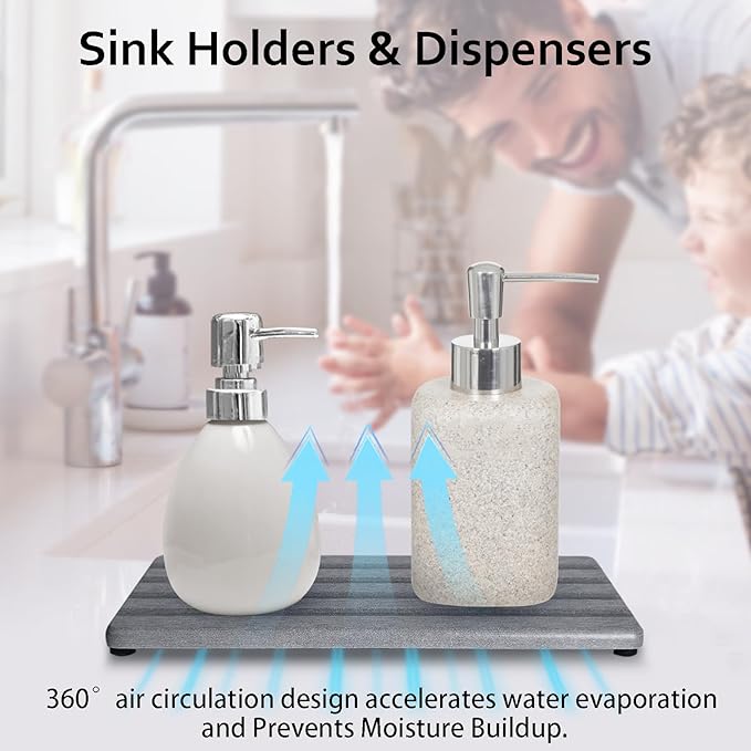 ZumenDa Set of 3 Diatomite Hand Soap Holder, Water Absorbing Stone Tray for Kitchen Countertop, Fast-Drying Bathroom Trays(1pcs 22 x 10cm + 2pcs 10 x 10cm Grey)
