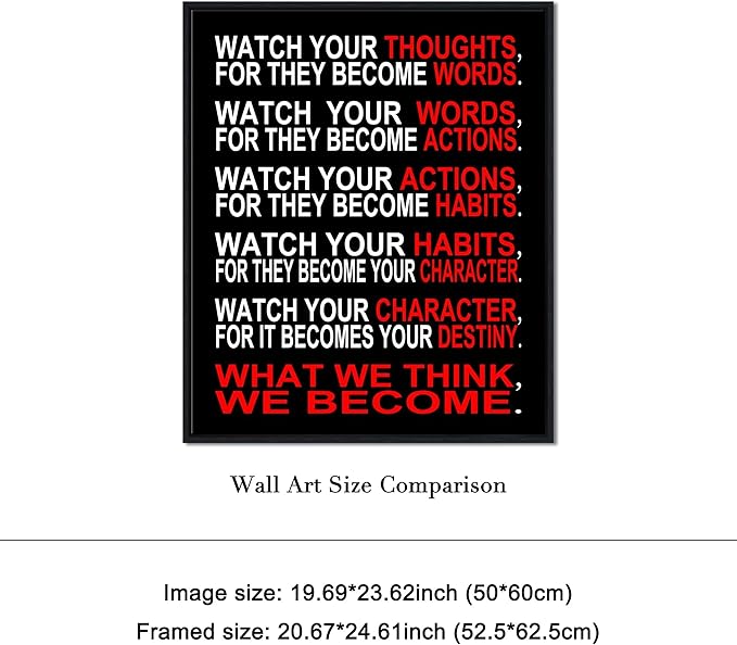 Pyradecor Black Framed Canvas Wall Art Watch Your Thoughts Motivational Classroom Poster Canvas Prints for Office Living Room Home Decorations